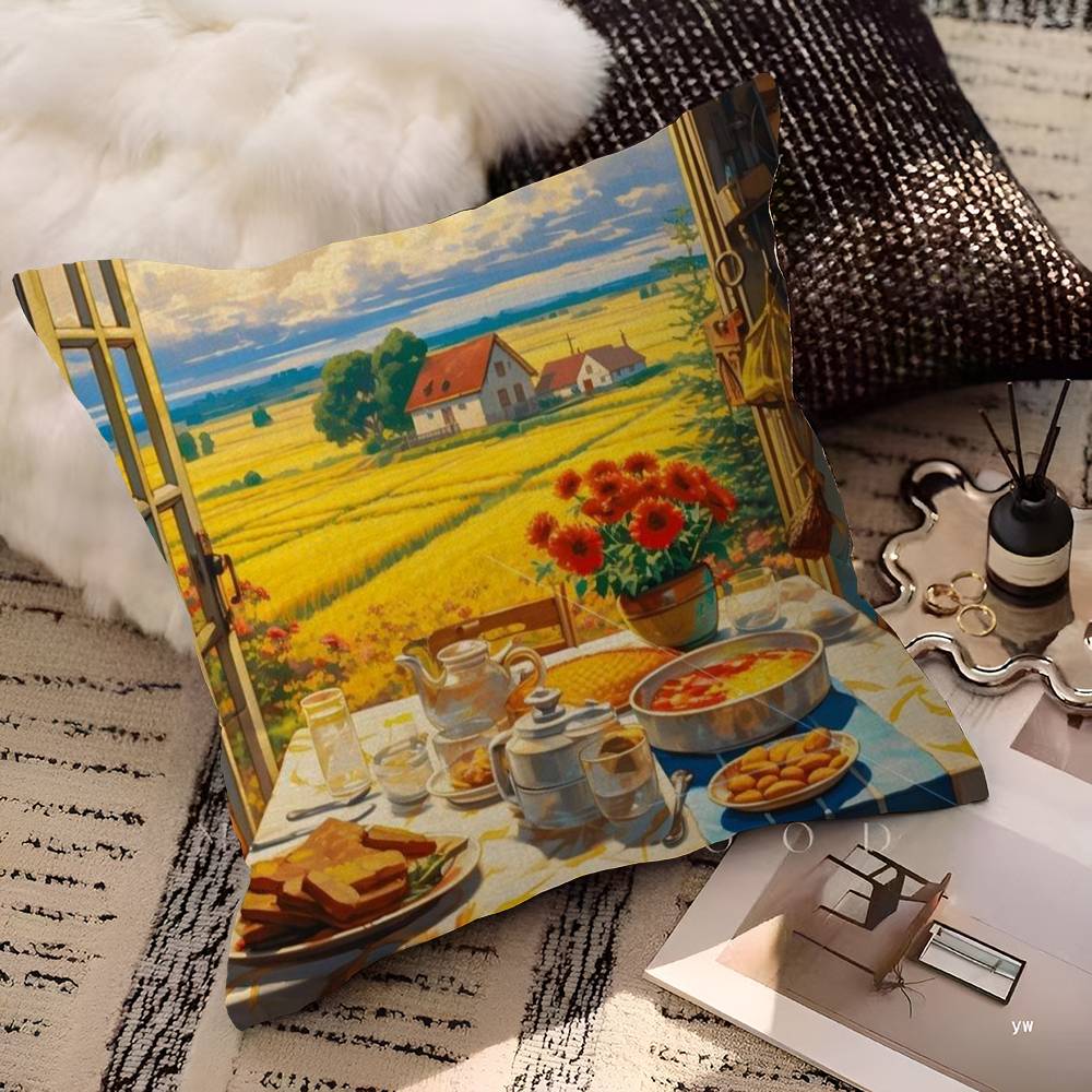 Coffee Shop City Bakery Illustration Decorative Room Aesthetics Pillow Case Home Decor Bedroom Sofa Bed Couch Pillow Cover 45x45