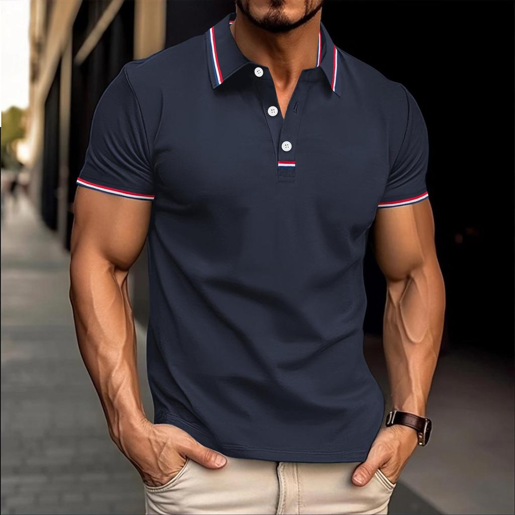 New Men's Casual Polo Shirt Lapel Placket Pull Stripes Buttons T-shirt Tops