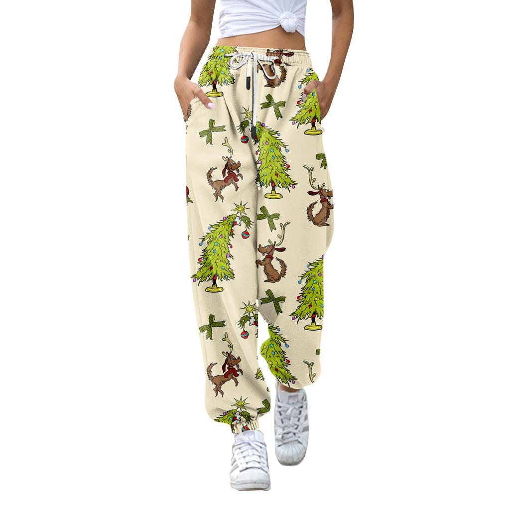 Women's Fashion Christmas Loose Drawstring Waist Solid Color Casual Sports Pants