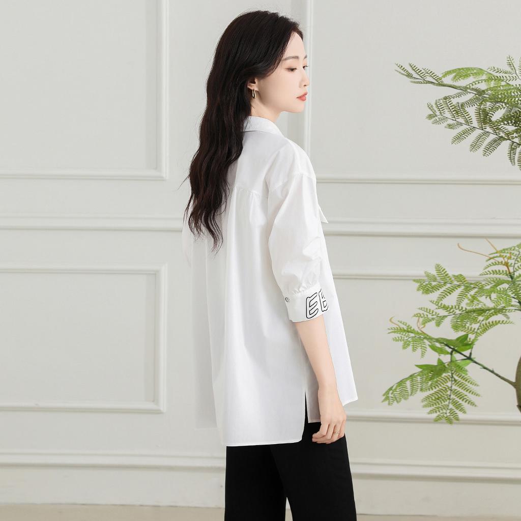 [Shirt] Summer Collar Solid Color Thin Cardigan Temperament Versatile Mid Length Shirt for Women