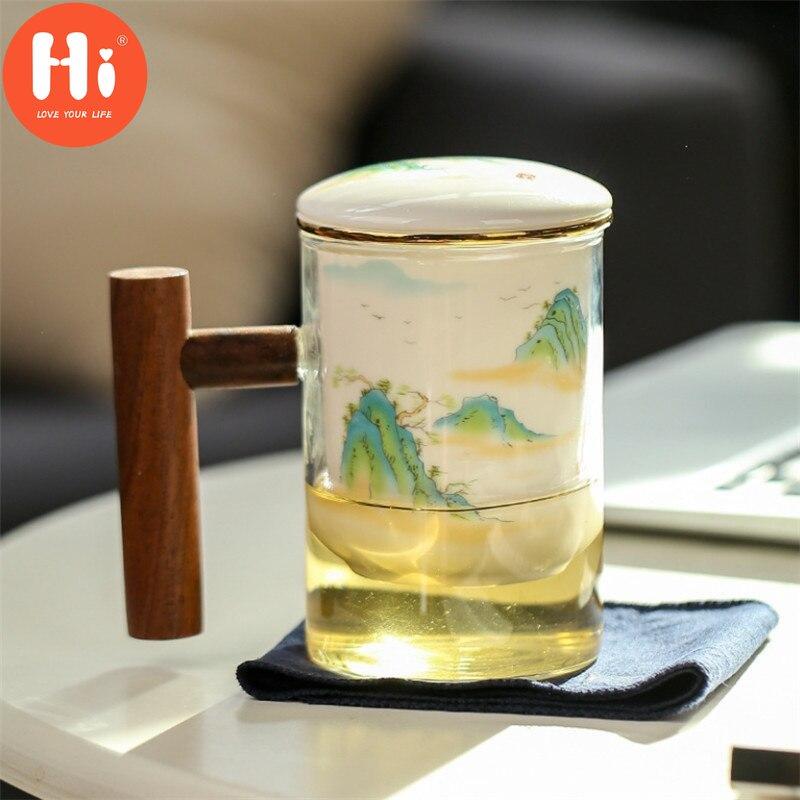 Creative Glass Tea Separation Cup Ceramic Filter Teacup With Lid and Wooden Handle Large Capacity Office Coffee Mug Drinkware