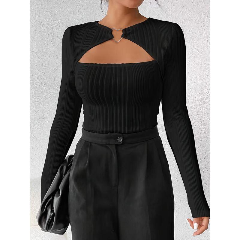 

Sexy Sexy Cutout Big Chest Knitwear Female Scheming Fake Two-Piece Tops Inner Wear Base Long Sleeves Short Small Shirt Black XS