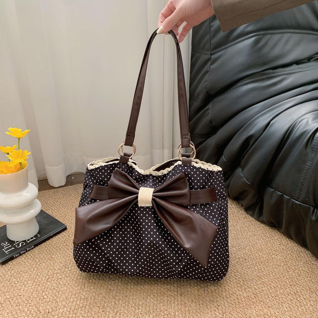 Neue Mode Polka Dot Schleife Spitze Große Kapazität Schultertasche für Damen Pendler Tote Handtasche