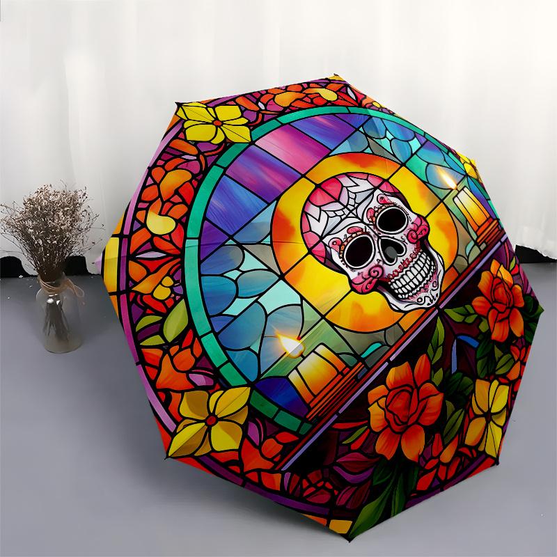 Day of the Dead Stained Window DecalUmbrella, Portable 3-Fold Compact Umbrella for Men & Women Gift