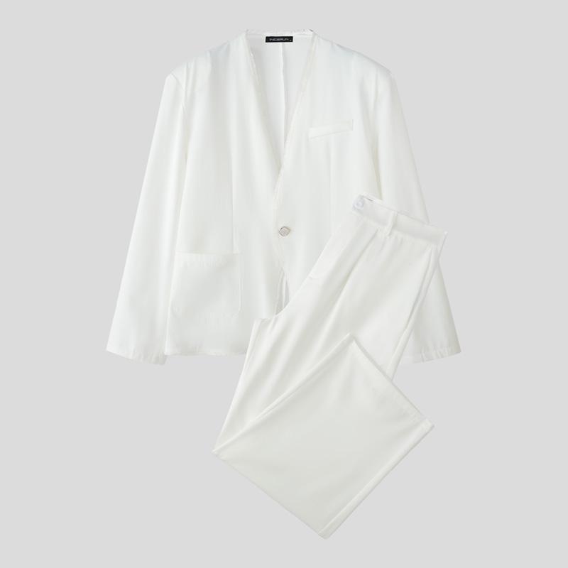 

INCERUN 2PCS Men Spring Long Sleeve V Neck One Button Shirts Pants Sets 5XL белый