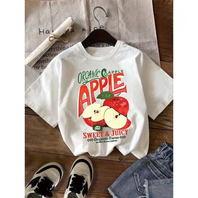 European sizes Apple Company Apple Print Short-sleeved T-shirt for Girls, Comfortable Round Neck Short-sleeved Casual T-shirt 110 белый