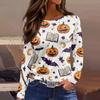 Women's Halloween Print Long Sleeve Top with Round Neck and Hem Slit