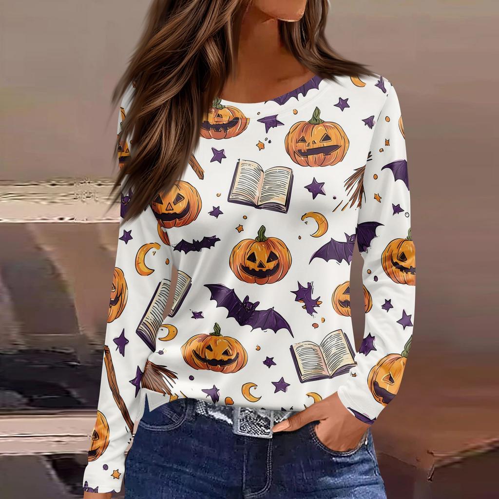 Women's Halloween Print Long Sleeve Top with Round Neck and Hem Slit