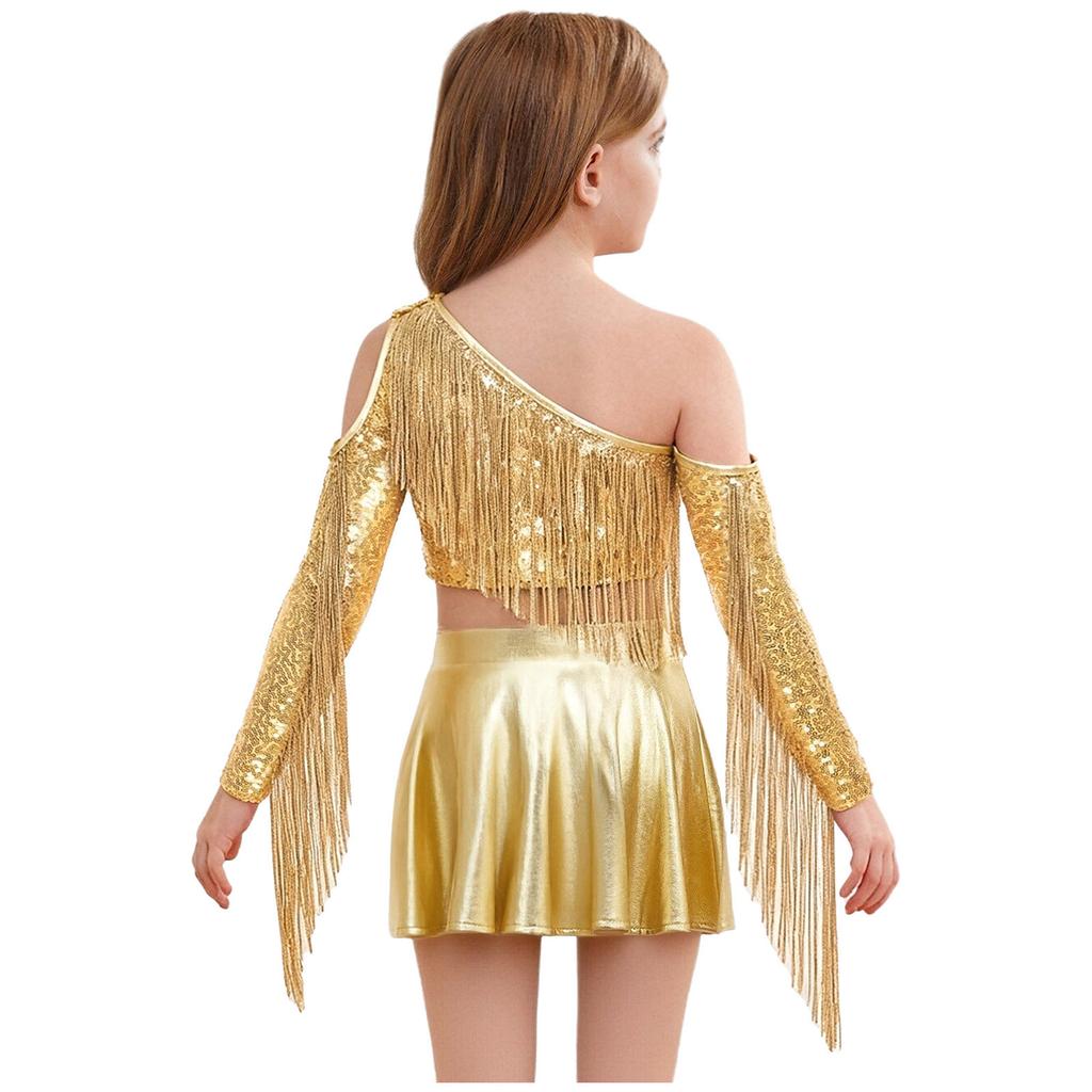 Kids Girls Metallic Stage Costume: One Shoulder Long Sleeve Sequined Crop Top & High Waist Pleated A-Line Skirt for Jazz Dance