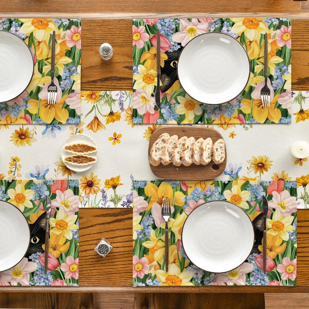 Artoid Mode Tulip Flowers Cat Spring Placemats Set of 4, 12x18 Inch Seasonal Summer Holiday Table Mats for Party Kitchen Dining Decoration