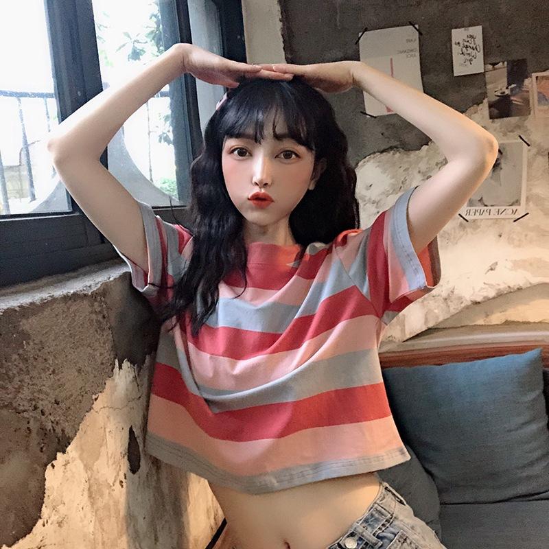 Summer New Style Women's Loose Rainbow-striped Short-sleeved T-shirt, Student Short Style, See-through Casual Versatile Top