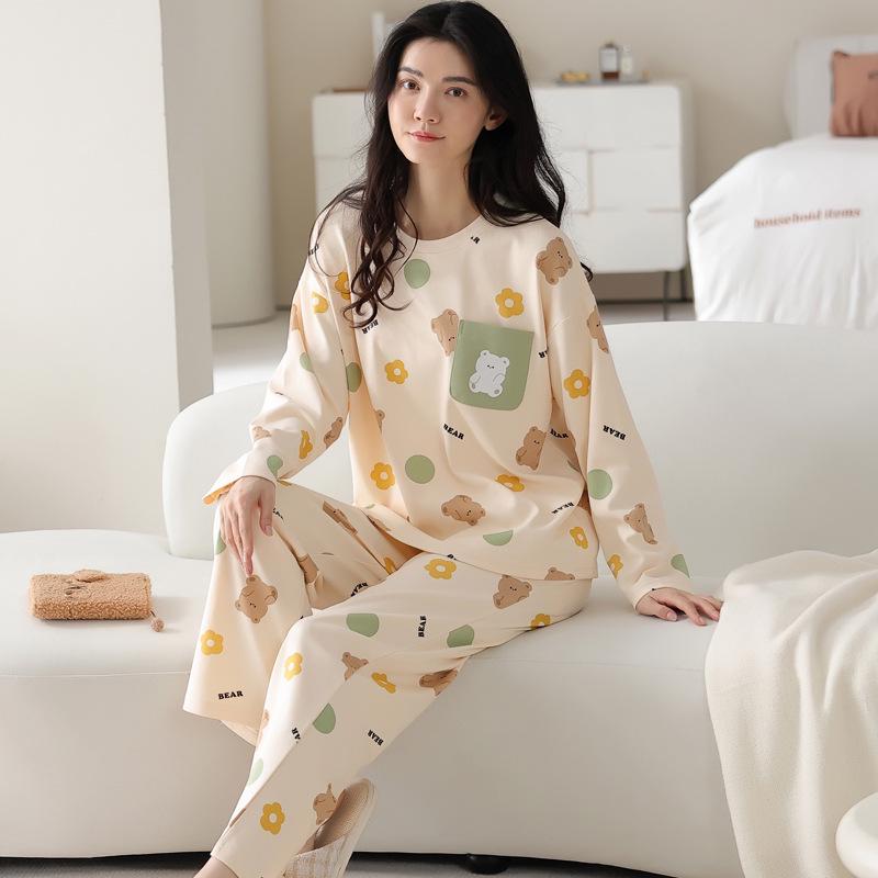 Women's Pure Cotton Long Sleeve Pajamas with Built-in Bra Pads - Cozy for Autumn/Winter, Casual Home Wear, and Suitable for Outdoors.