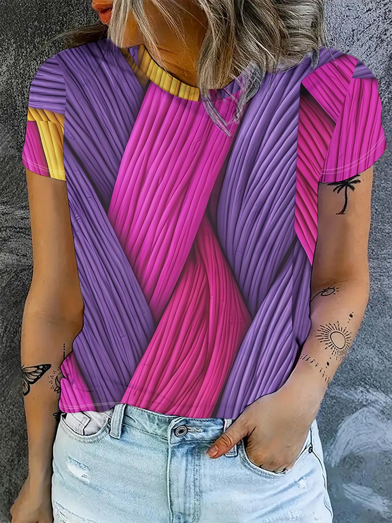 

Women s Short-Sleeve T-Shirt with Purple Pink Yellow Geometric Line - Casual Summer Blouse Top. Machine Washable Non- Shirt Suitable for Warm Weather. XL дубильна кора
