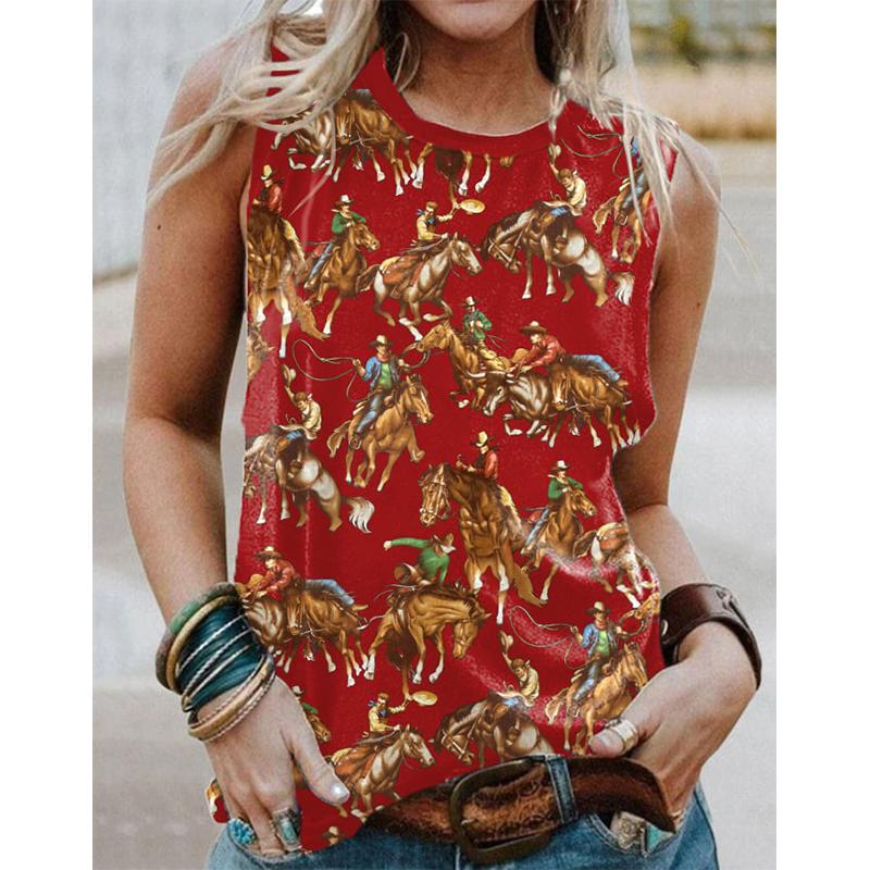 New retro western denim sleeveless T-shirt with women's 3D horse print, round neck and off shoulder vest, Y2K sleeveless T-shirt, women's clothing