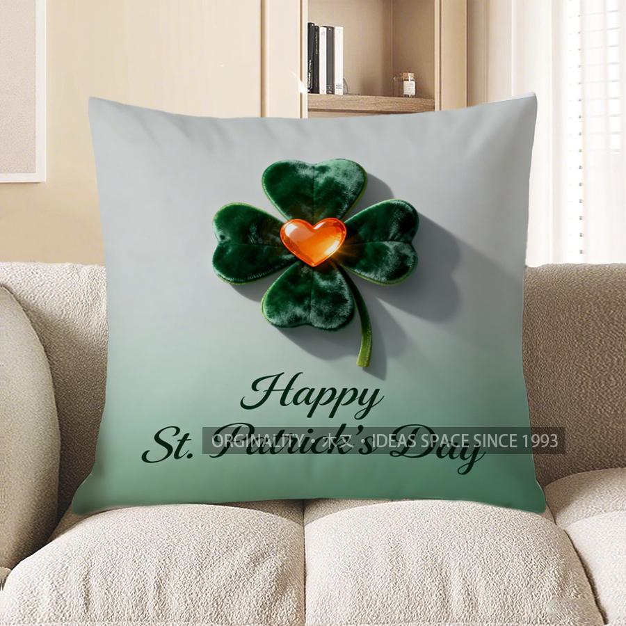 2D Happy St. Patrick'S Day Four-Leaf Clover Pillow Pattern Cushion Cover Suitable For Sofa Bedroom Car Pillow Cover