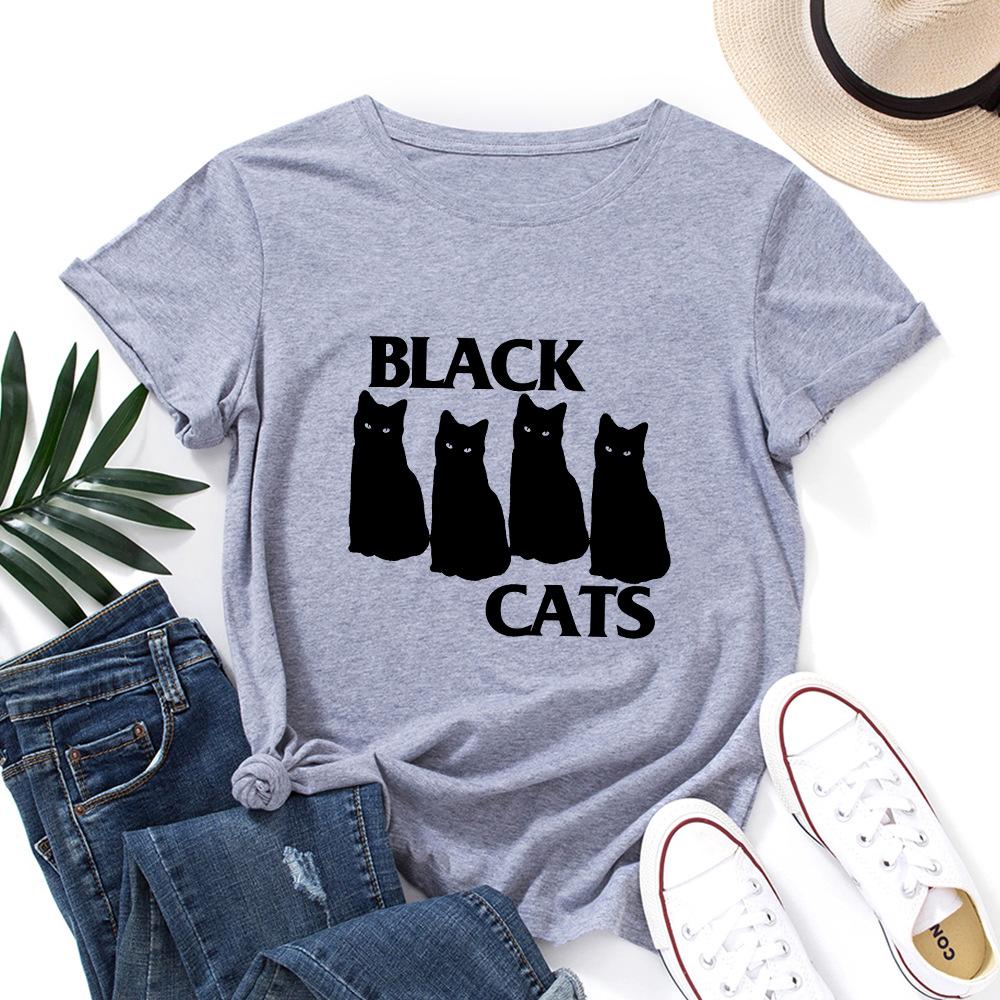 Summer Round Neck Black Cat Pattern Printed Top Fashionable Casual Pure Cotton Short Sleeved Women's T-shirts