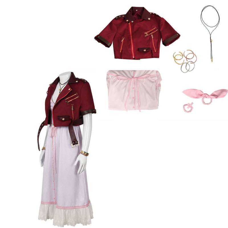 Final Fantasy 7 Aerith Gainsborough Cosplay Costume With Denim Outfit For Game Anime Role Play