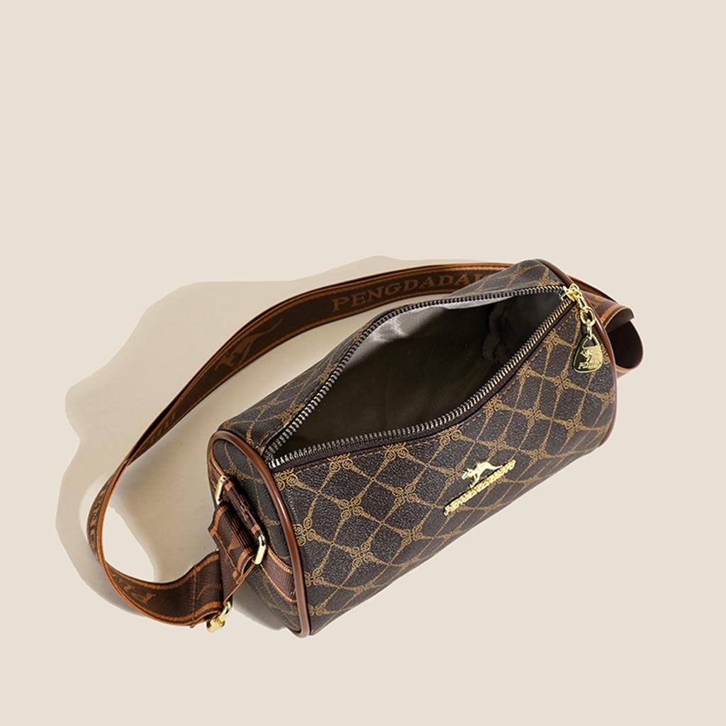 Women's Vintage Geometric Shoulder Bag PU Leather Handbag with Kangaroo Logo & Zipper for Daily Essentials Crossbody Bag