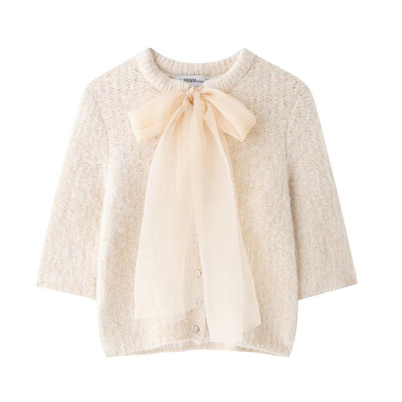 

Kaslead New Arrival Women s Clothing Fashion Style Fashion Transparent Organza Bowknot Decoration Knitting Tops 2756126 Beige S