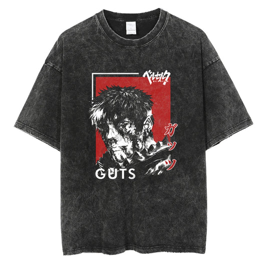Japanischer Anime Berserk Retro Gewaschenes T-Shirt Herren und Damen Neu Sommer Harajuku Kleidung Lässig Rundhals Kurzärmeliges Oberteil