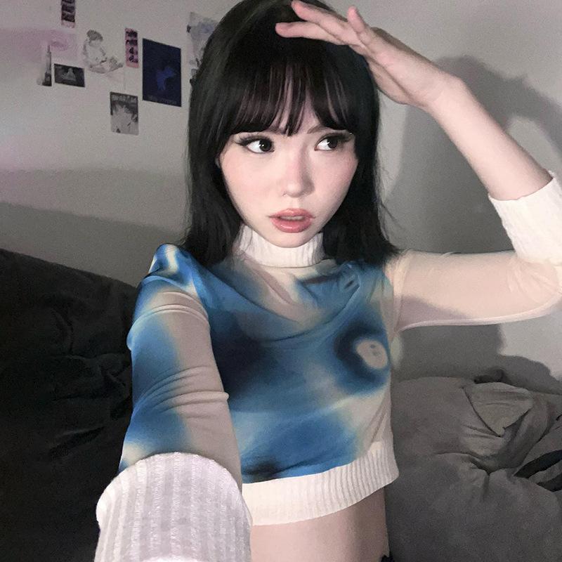 Vintage streetwear 90. léta kravatový potisk Rolák Síťovaná trička Y2K Fashion Patchwork Dlouhý rukáv Crop Tops Dámské Módní trička