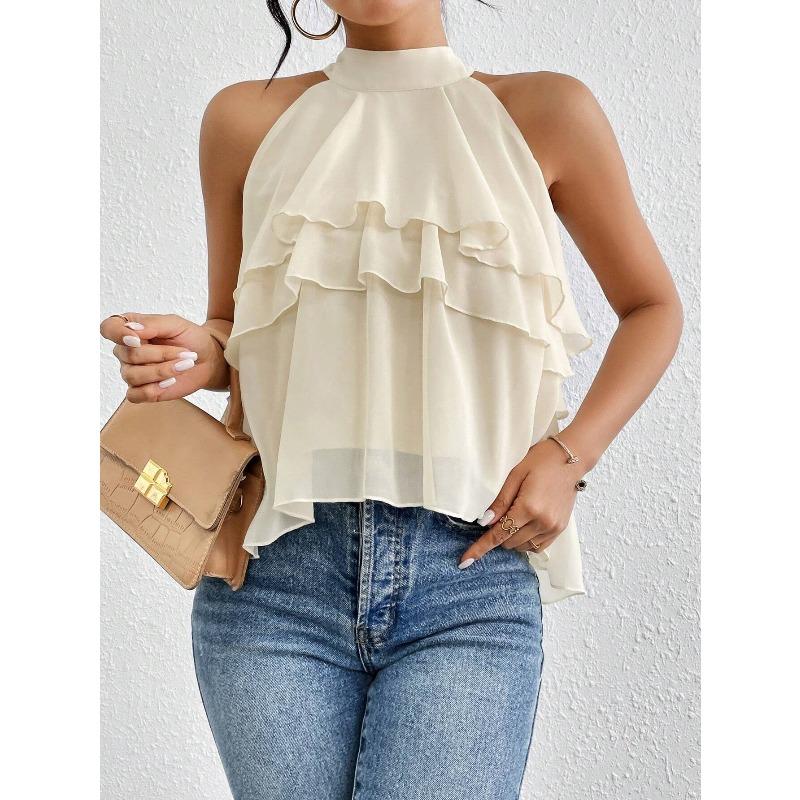 Fashionable temperament all-match solid color halter neck sleeveless irregular ruffled top