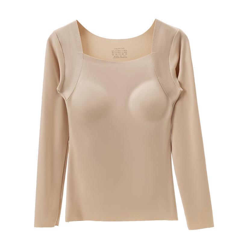 

Женский легкий теплый бесшовный топ с длинным рукавом и встроенными чашками - Облегающий базовый слой для осени/зимы. L: 50-60kg