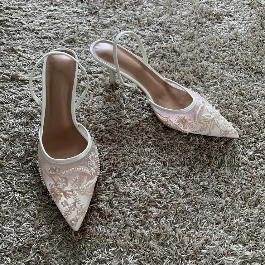 Fashion Mesh Embroidered Thin High Heels Sandals Women 2025 Summer Sexy Slingback Pointed Toe Pumps Dress Shoes Woman Sandalias