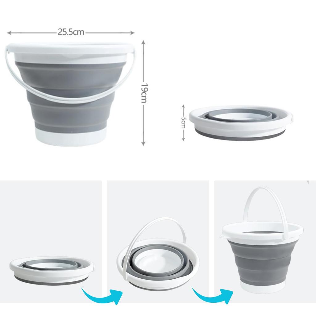 SLEEKSTATION 5L Foldable Fishing Bucket, Compact Storage, Water Collection, Cleaning, Laundry, Car Washing, Emergency Preparedness, Outdoor Use, Gray
