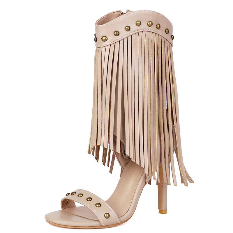 Design Female Sandals Open Toe Stiletto 10.5cm Rivets Metal Decor Plus Size 45 46 47 48 Tassels Dating Fashion Shoes