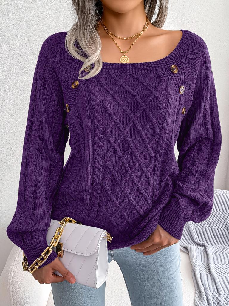 Womens Autumn Winter Cable Knit Sweater Solid Color Square Neck Buttons Long Sleeve Ribbed Knitted Pullover Loose Jumpers Tops