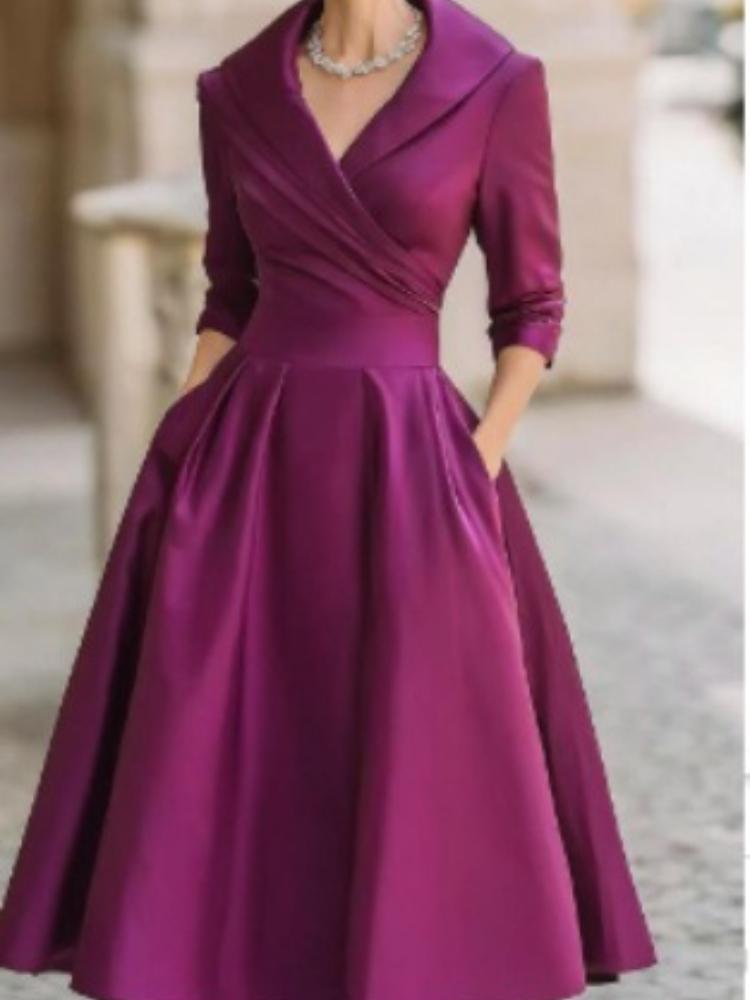 Deep Blue V-Neck Lapel Collar A-Line Midi Dress with Pockets