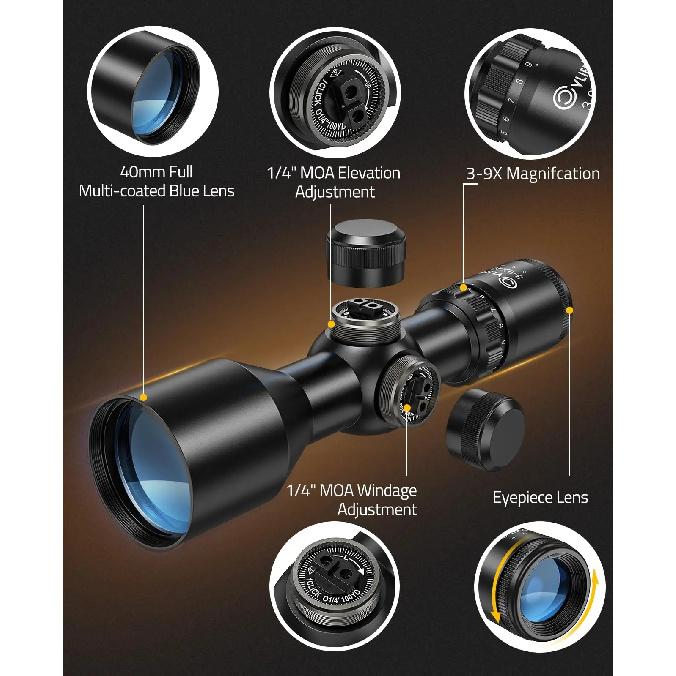 3-9x40 Compact RifleScope Crosshair Reticle with Mounts for Quick Aiming Made Of High-strength Aluminum Alloy