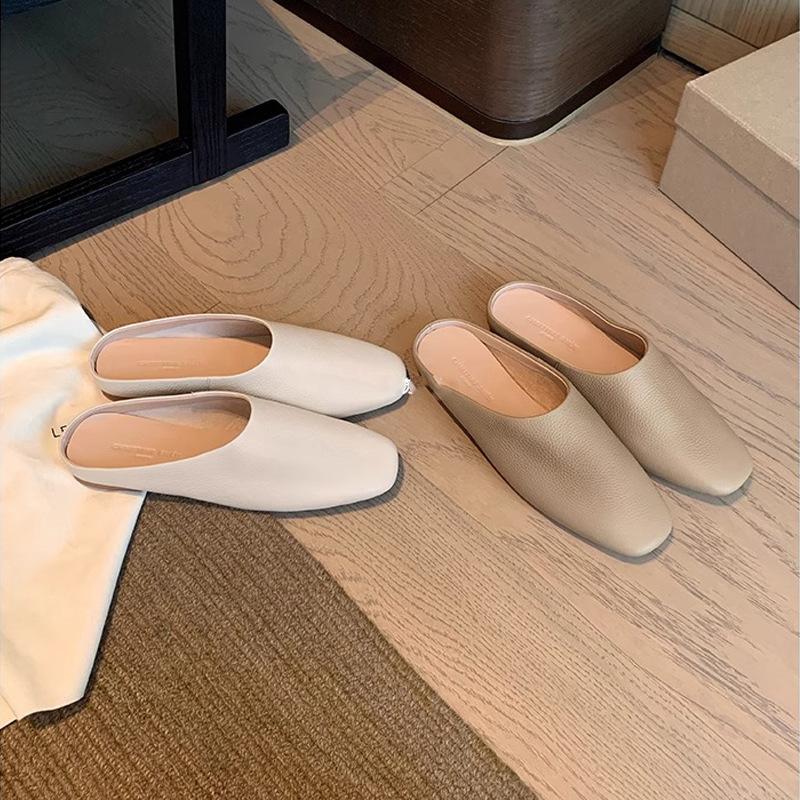Soft To Fried~ Imported Li Pattern Soft Leather Square Head One Pedal Flat Shoes Muller Row Slippers Women's Half Drag