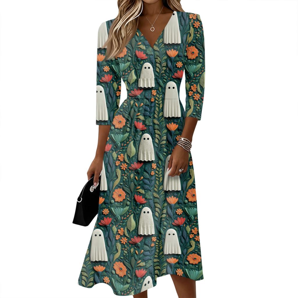 Womens Casual V Neck Midi Dress 3/4 Sleeve Back Zipper Wrap Style Fit and Flare Dress with Ghost Print