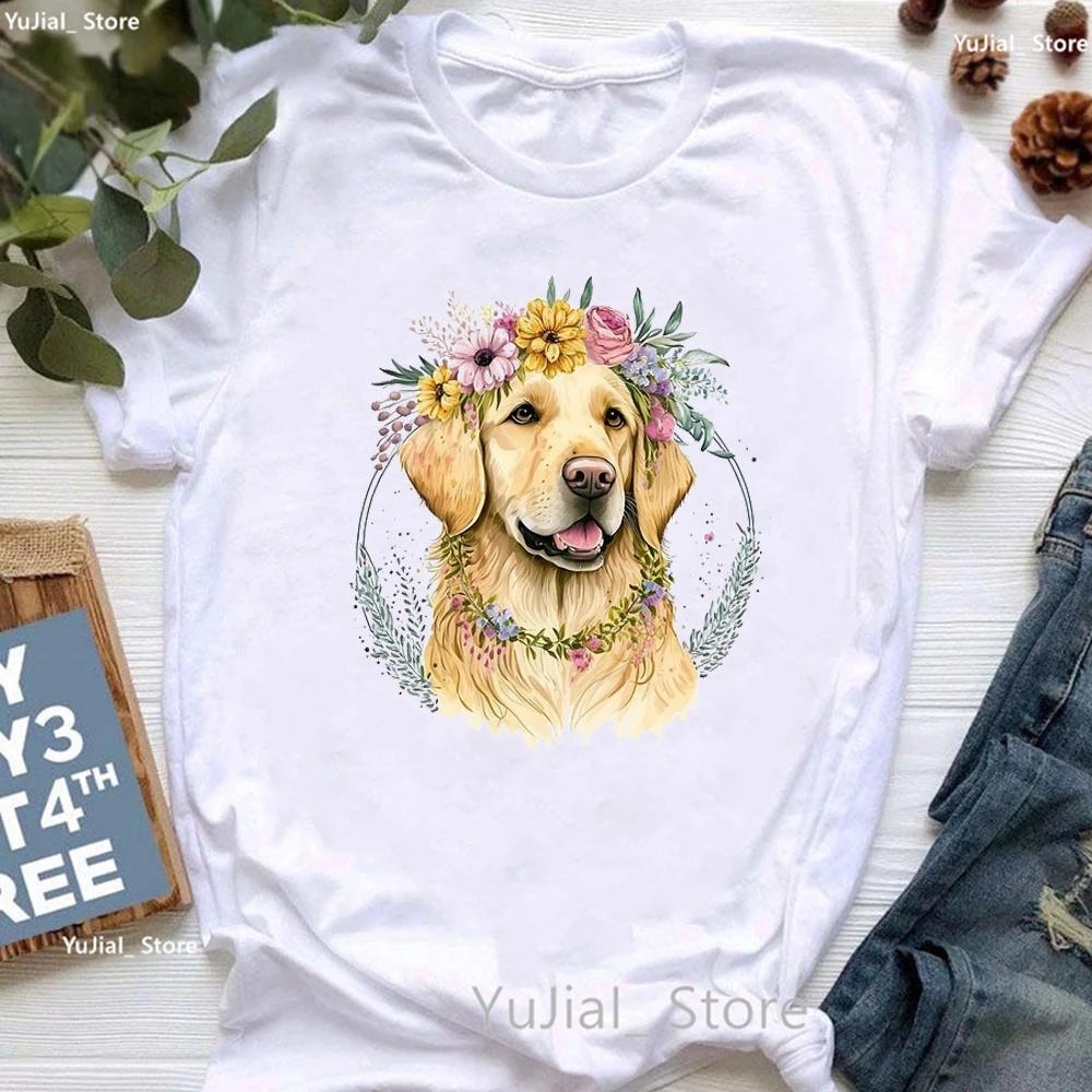 Golden Retriever Hunting Dogs Animal Print T Shirt For Girls Australian Shepherd Dog With Flower Tshirt Unisex Harajuku Shirt