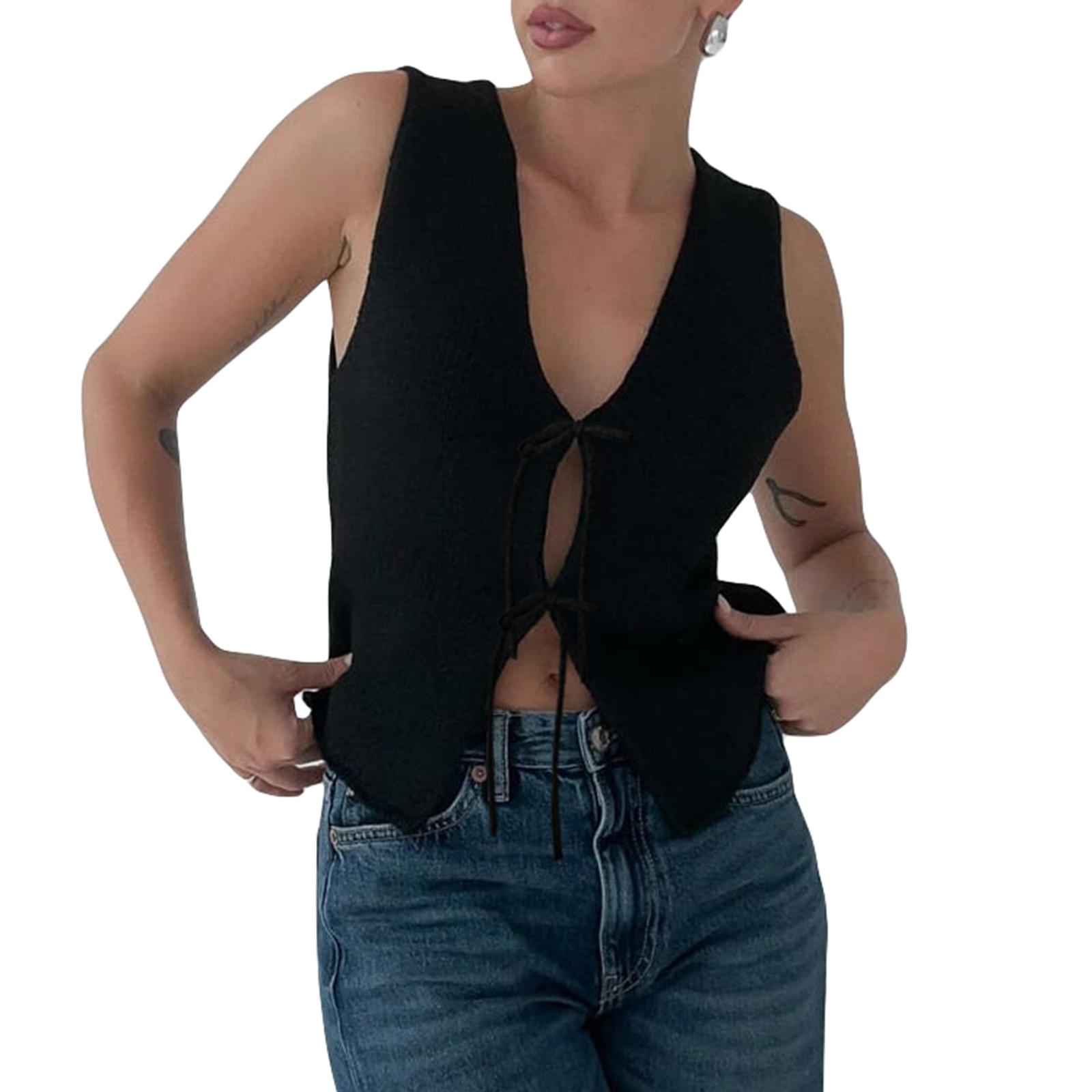 

Женский трикотажный жилет с V-образным вырезом, без рукавов, с открытой передней завязкой, однотонные топы на лето M чёрный