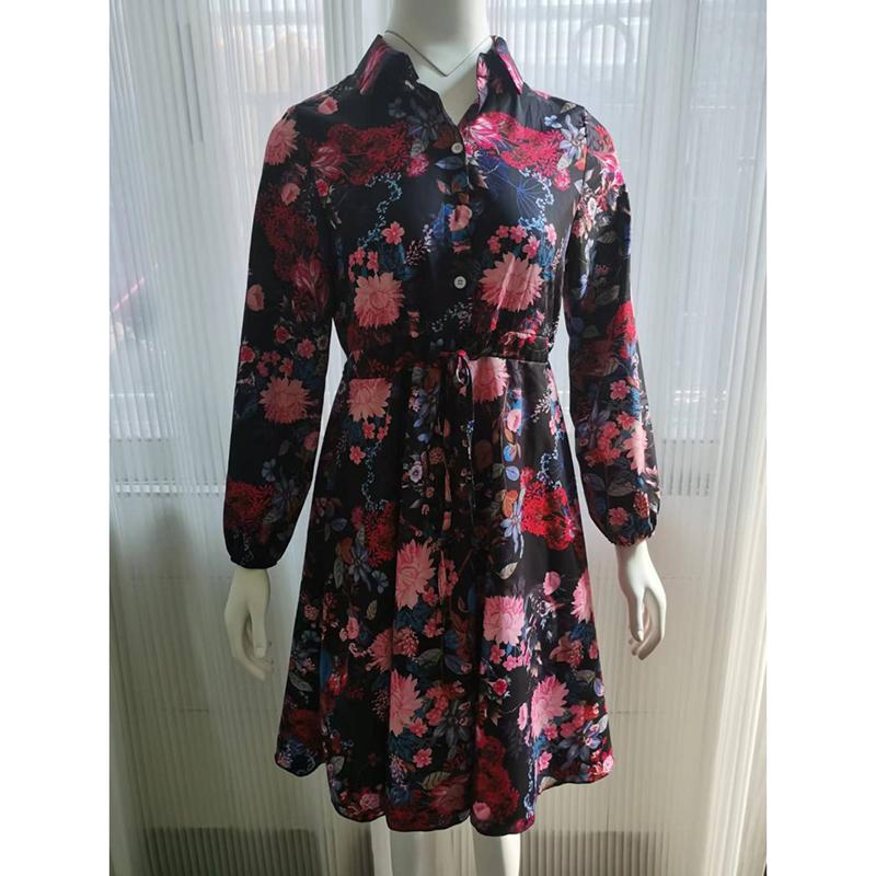 Nové letní šaty s dlouhým rukávem, s květinovým potiskem, vintage, dámské, na knoflíky, se šněrováním v pase, volné košilové šaty, dámská móda, ležérní áčkového střihu, dámské šaty 26201