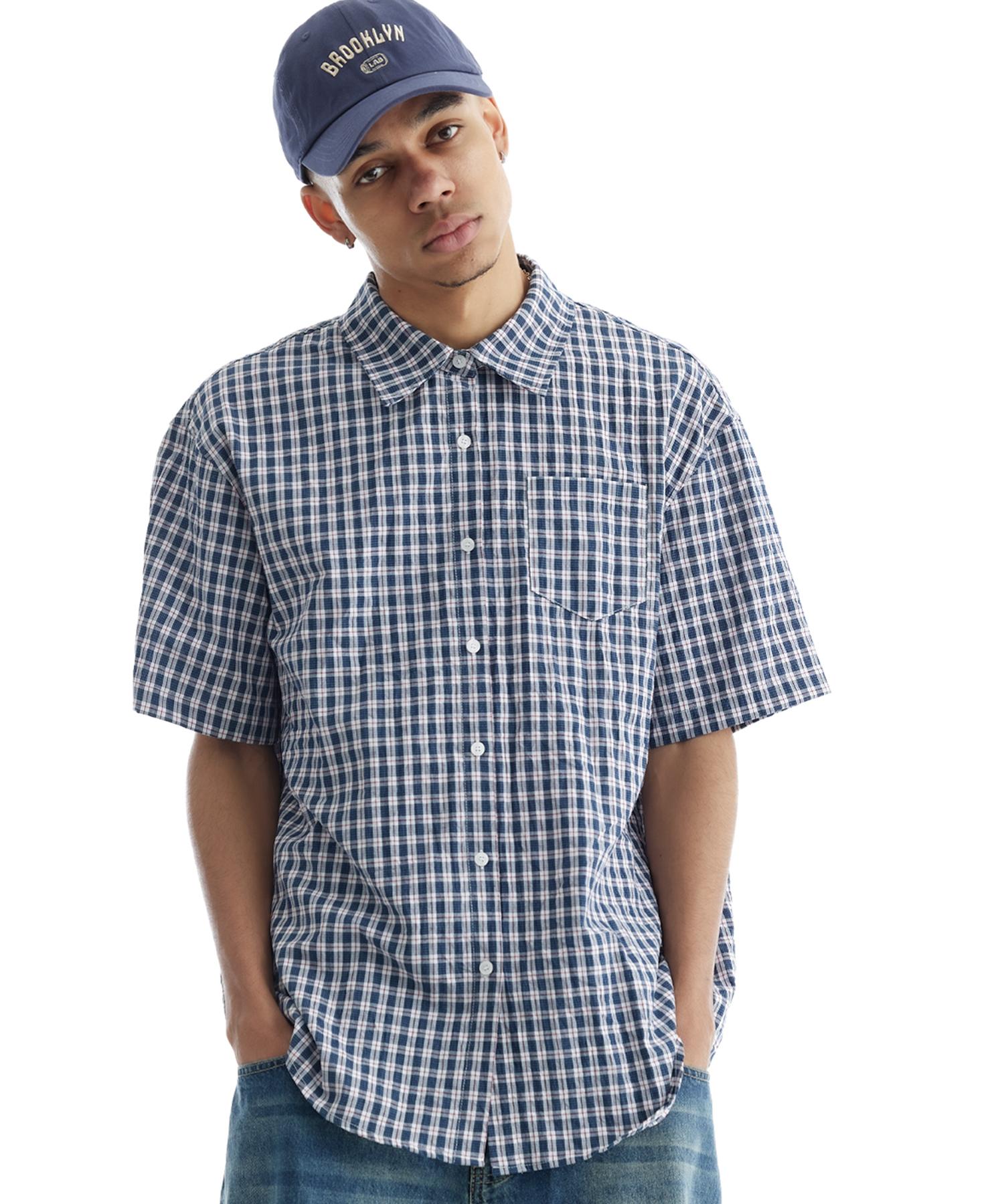 Cream Soda Lab Geek Chic Tartan Half Check Oversized Short Sleeve Shirt Blue/L(1)