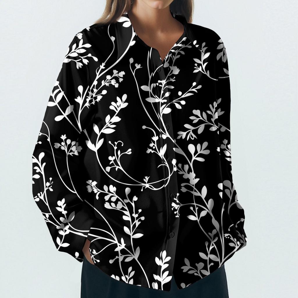 Dámská košile s knoflíky s květinovým potiskem, ležérní top s dlouhým rukávem a klasickým límečkem