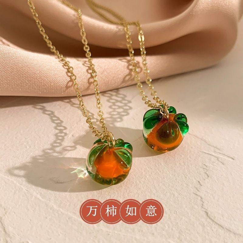 Trendy Niche Persimmon Ruyi Glaze Clavicle Chain, Light Luxury Good Luck Pendant Fashion Neck Jewelry for Girlfriend Gift