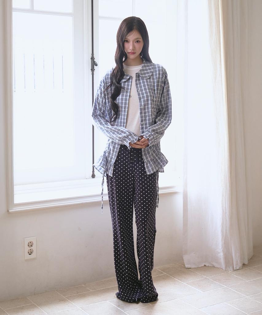 THE GREEN LAB Lovely Collar Check Frill Long Top [Blue]
