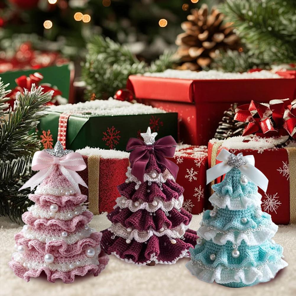 DIY-Häkel-Weihnachtsbaum-Set mit Schleife und Kunstperlen-Dekoration, Bastelstarter-Set, handgefertigter Häkel-Weihnachtsbaum, Heimdekoration
