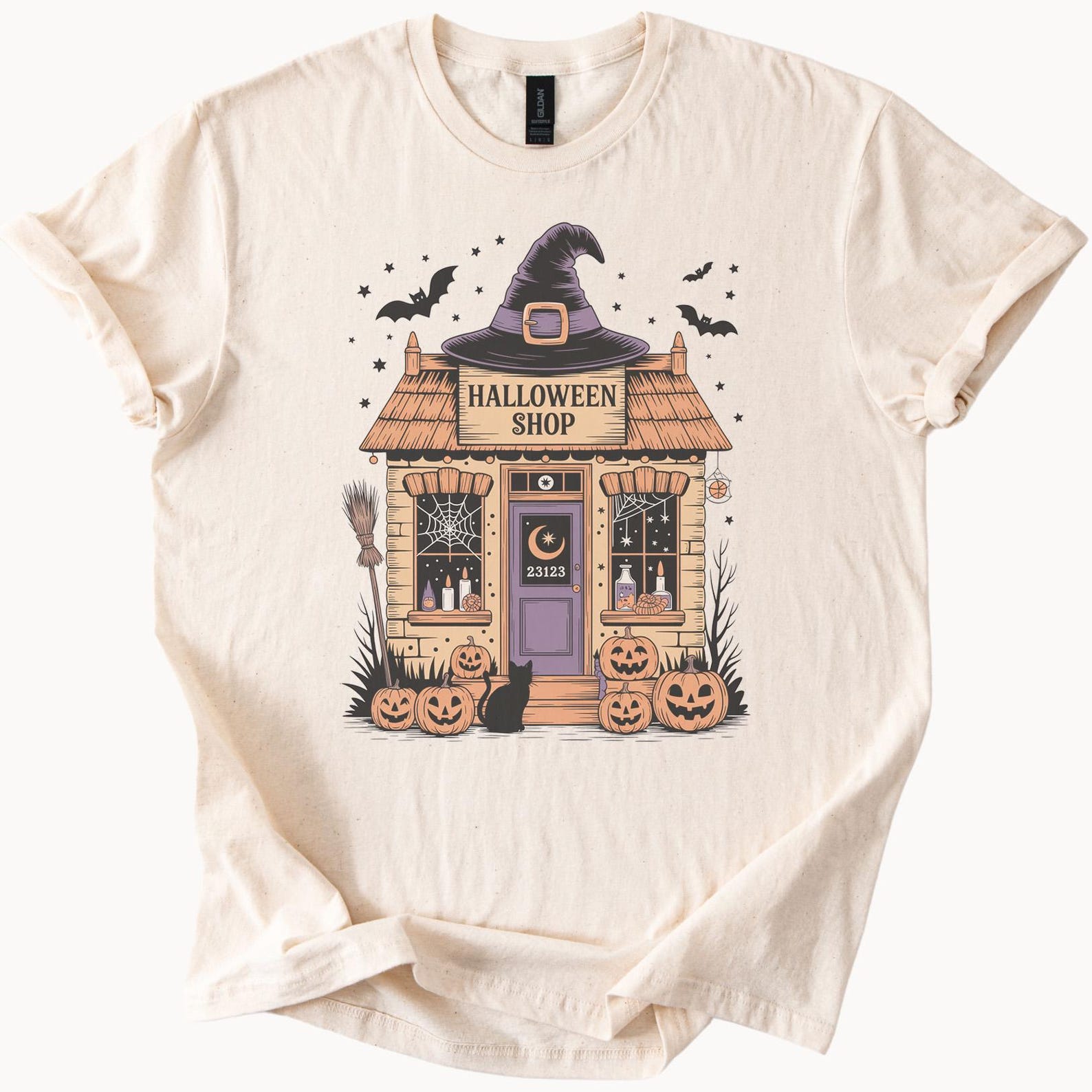 Halloween Shop Shirt Witch Hat Spooky House Graphic Cute Black Cat Pumpkins Bats Fall Aesthetic Halloween Tee for  Men 160