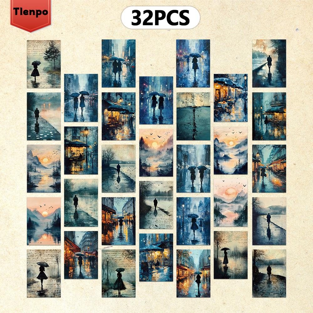 32 шт., прогулка в дождливый день собирать открытки, наклейки на стену, почтовые открытки, поздравительные открытки, самодельные открытки, сувенирные открытки, декора