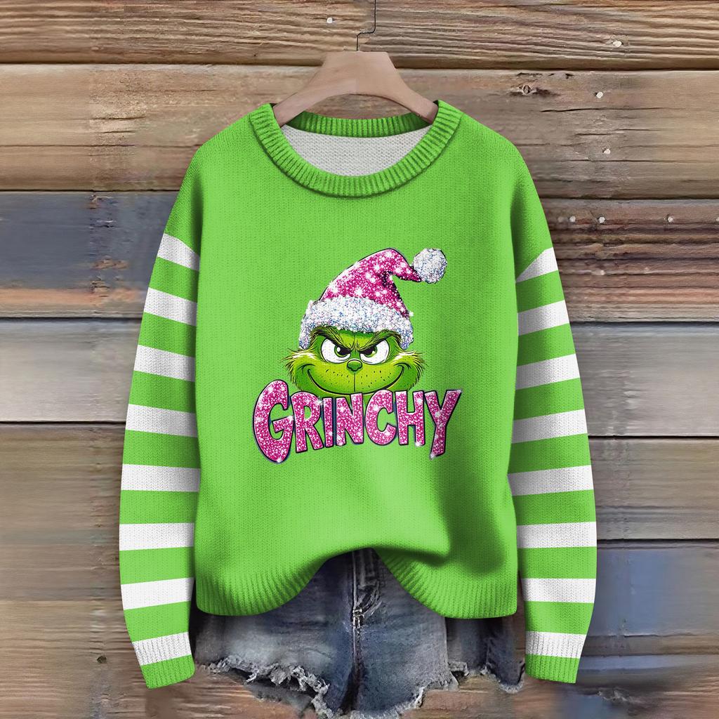 Long Sleeve Pullover Sweaters For Women O Neck Casual Cute Printing Knit Oversized Sweater