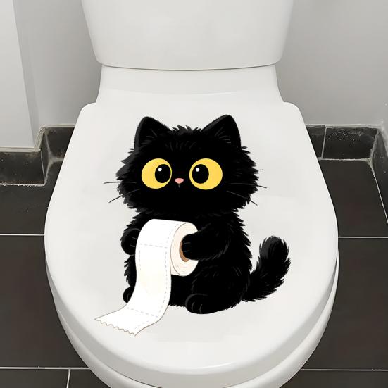 Klebe-WC-Sticker, Wandaufkleber mit schwarzem Katzenmotiv, Wasserdichter Dekorationsaufkleber ohne Kleberückstände, Einfach anzubringen und zu entfernen, Badezimmerdekoration