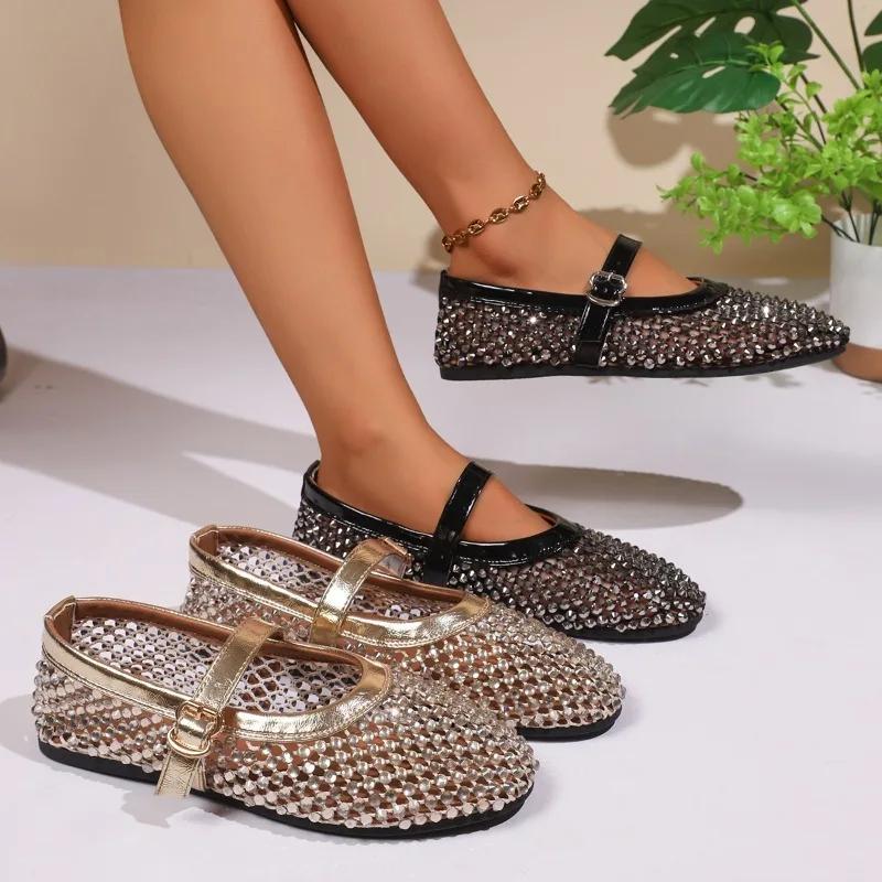 Fashion 2025 New Women Sandals Designer Mesh Mary Jane Shoes Ladies Luxury Crystal Rhinestone Fishnet Flat Shoes Women Plus Size Loafers