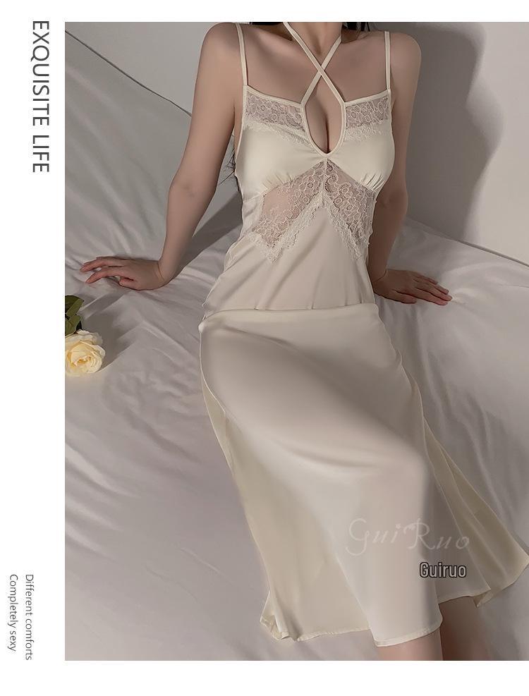 Pure Desire Ice Silk Nightdress Set: Rose-Inspired Lingerie with Deep V Neckline and Breast Pads, Comfortable Outer Robe - Model Z4553