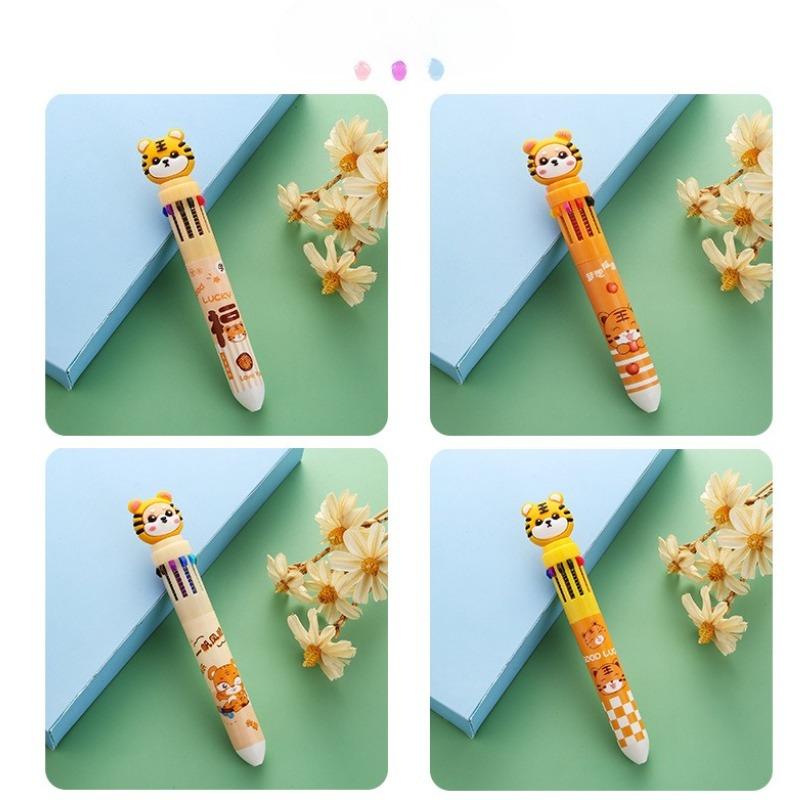 1Pcs Little Tiger Ten Color Ballpoint Pen Fluent Writing Suitable for Office Work, Brushing Questions, Signing Writing, Diaries, Notes, Student Class